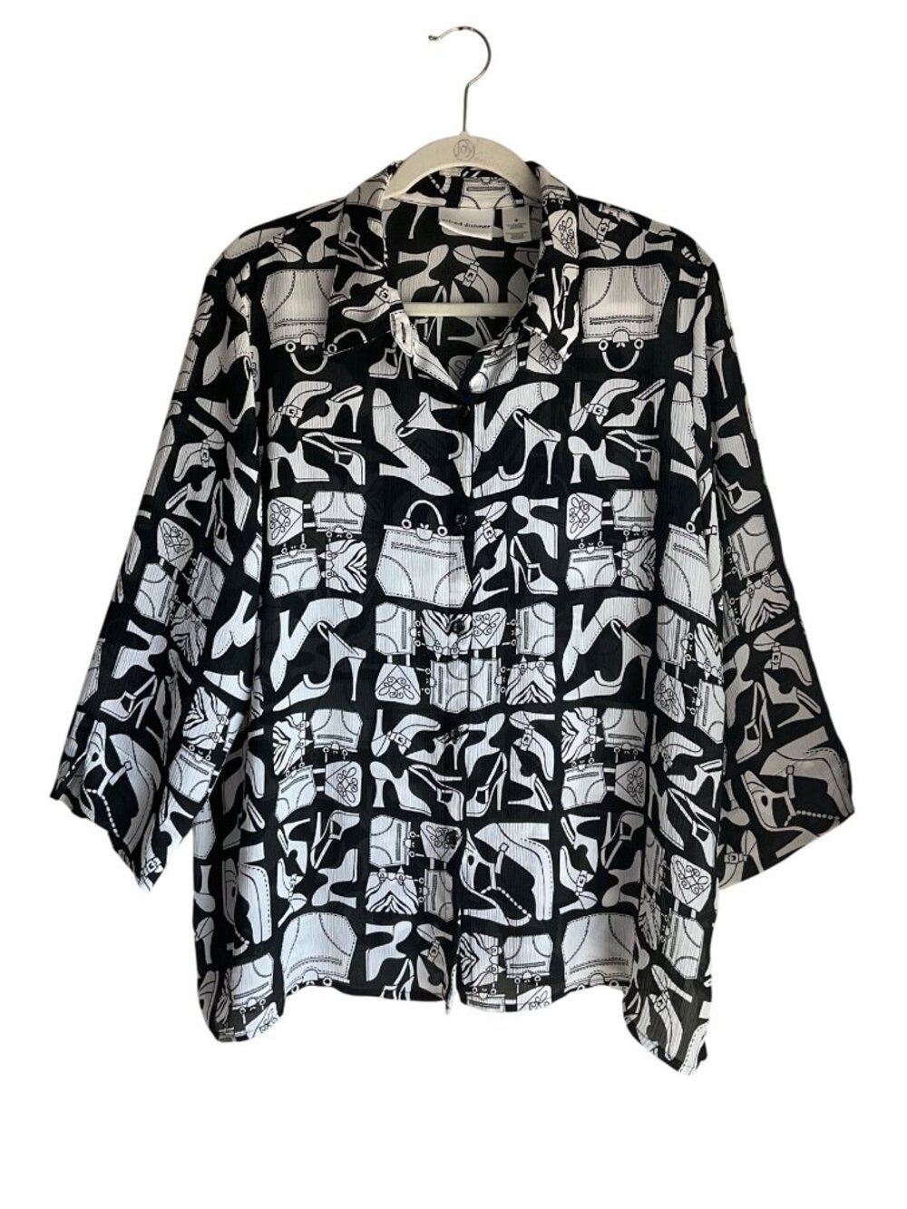 Alfred Dunner 18 Black White Button Sheer Tunic Blouse Purse Heels Novelty Print